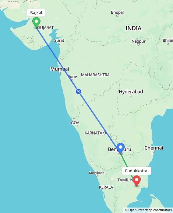 Route map showing distance and travel time from Rajkot, India to Pudukkottai, India