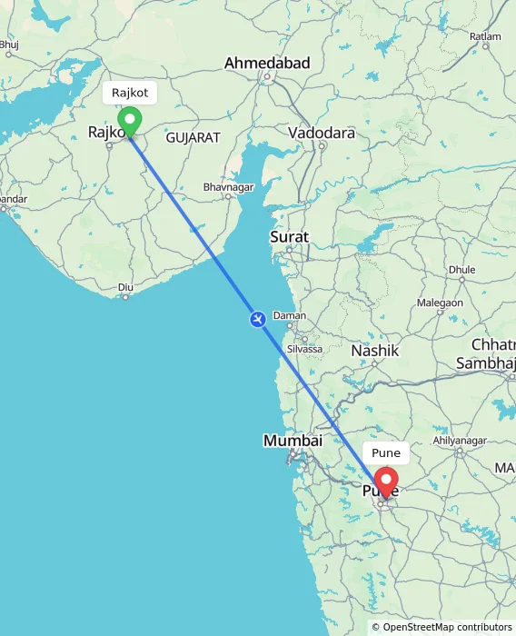 Route map showing distance and travel time from Rajkot, India to Pune, India