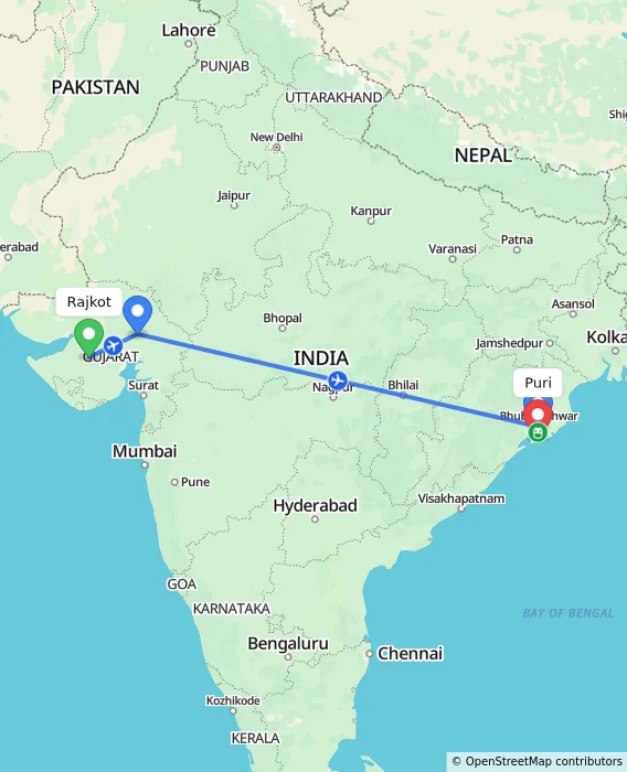 Route map showing distance and travel time from Rajkot, India to Puri, India