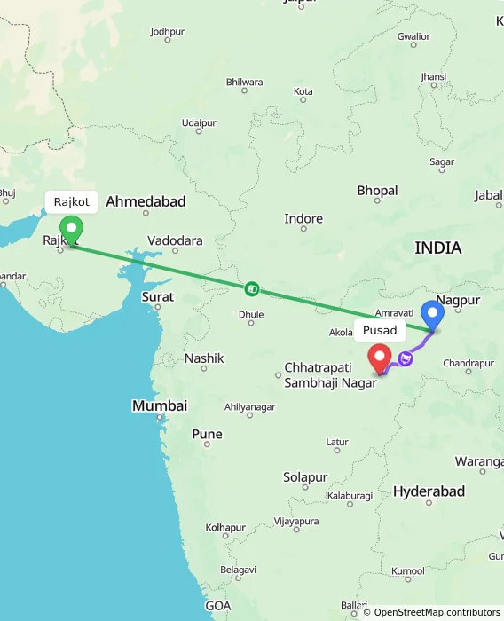 Route map showing distance and travel time from Rajkot, India to Pusad, India