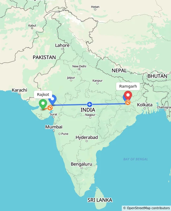 Route map showing distance and travel time from Rajkot, India to Ramgarh, India