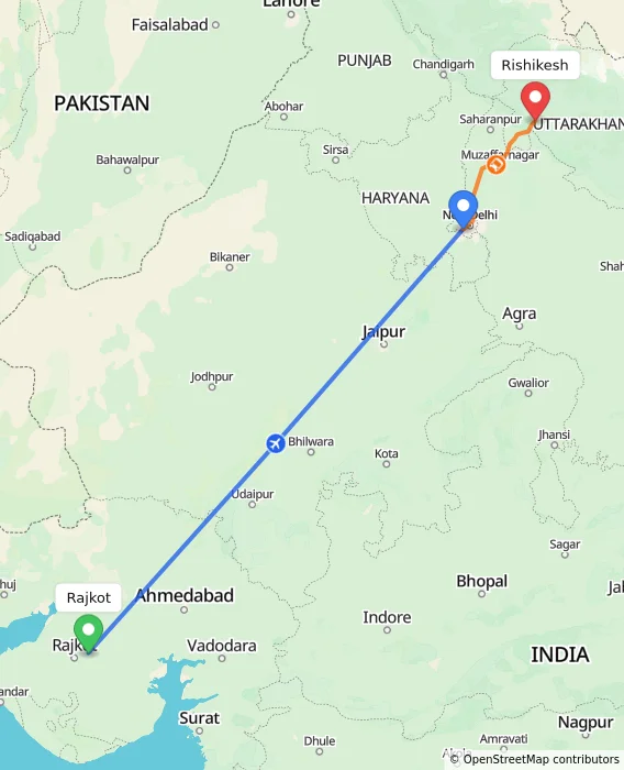 Route map showing distance and travel time from Rajkot, India to Rishikesh, India