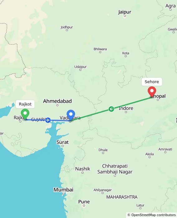 Route map showing distance and travel time from Rajkot, India to Sehore, India
