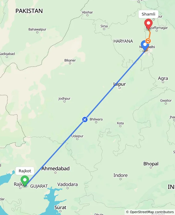 Route map showing distance and travel time from Rajkot, India to Shamli, India