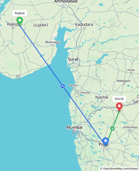 Route map showing distance and travel time from Rajkot, India to Shirdi, India