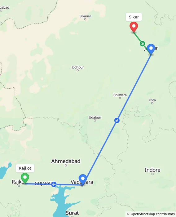 Route map showing distance and travel time from Rajkot, India to Sikar, India