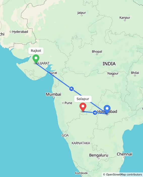 Route map showing distance and travel time from Rajkot, India to Solapur, India