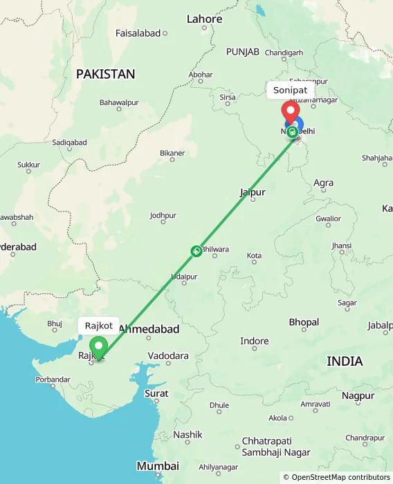 Route map showing distance and travel time from Rajkot, India to Sonipat, India