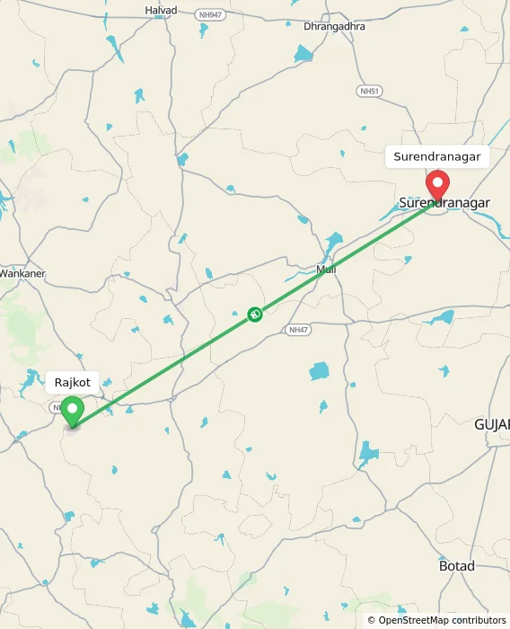 Route map showing distance and travel time from Rajkot, India to Surendranagar, India