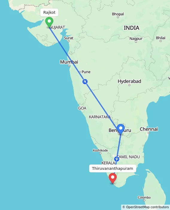 Route map showing distance and travel time from Rajkot, India to Thiruvananthapuram, India