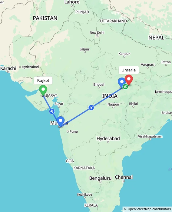Route map showing distance and travel time from Rajkot, India to Umaria, India