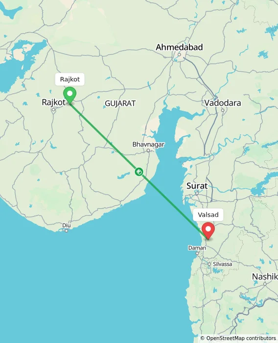 Route map showing distance and travel time from Rajkot, India to Valsad, India