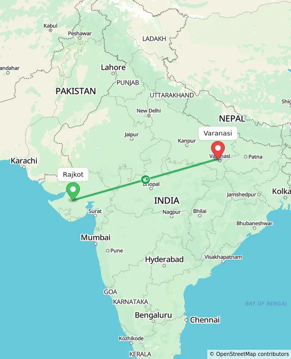 Route map showing distance and travel time from Rajkot, India to Varanasi, India
