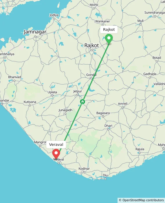 Route map showing distance and travel time from Rajkot, India to Veraval, India