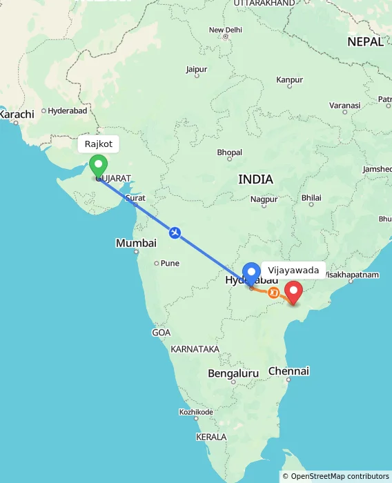 Route map showing distance and travel time from Rajkot, India to Vijayawada, India