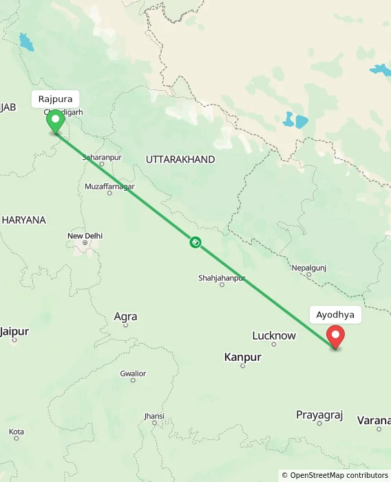 Route map showing distance and travel time from Rajpura, India to Ayodhya, India