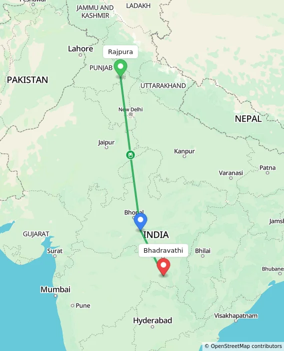 Route map showing distance and travel time from Rajpura, India to Bhadravathi, India