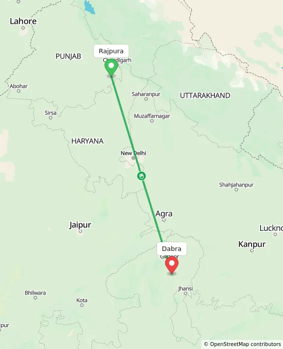 Route map showing distance and travel time from Rajpura, India to Dabra, India