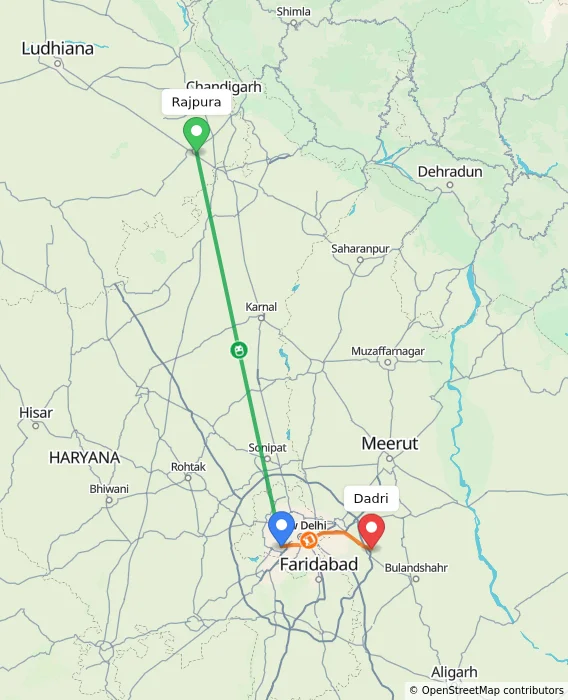 Route map showing distance and travel time from Rajpura, India to Dadri, India