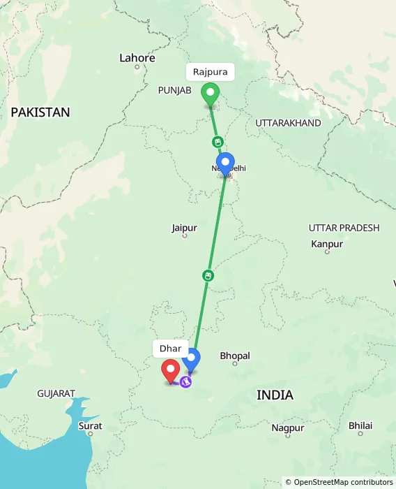 Route map showing distance and travel time from Rajpura, India to Dhar, India