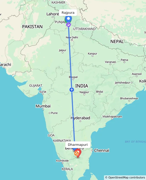 Route map showing distance and travel time from Rajpura, India to Dharmapuri, India