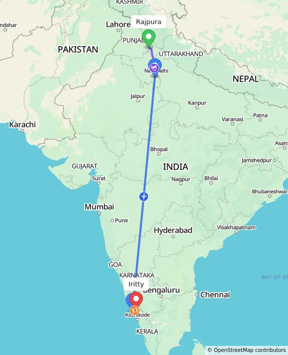 Route map showing distance and travel time from Rajpura, India to Iritty, India
