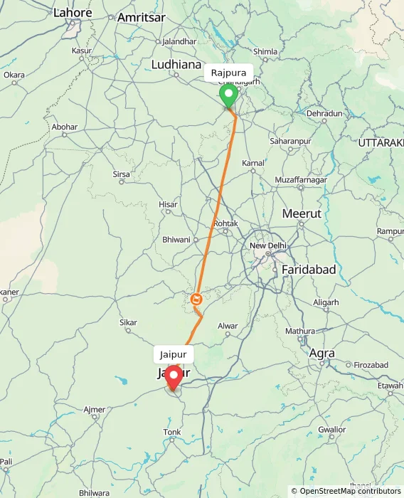 Route map showing distance and travel time from Rajpura, India to Jaipur, India