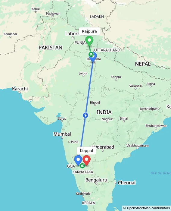 Route map showing distance and travel time from Rajpura, India to Koppal, India