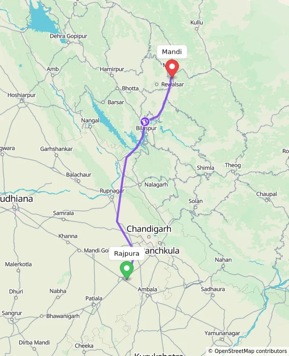 Route map showing distance and travel time from Rajpura, India to Mandi, India