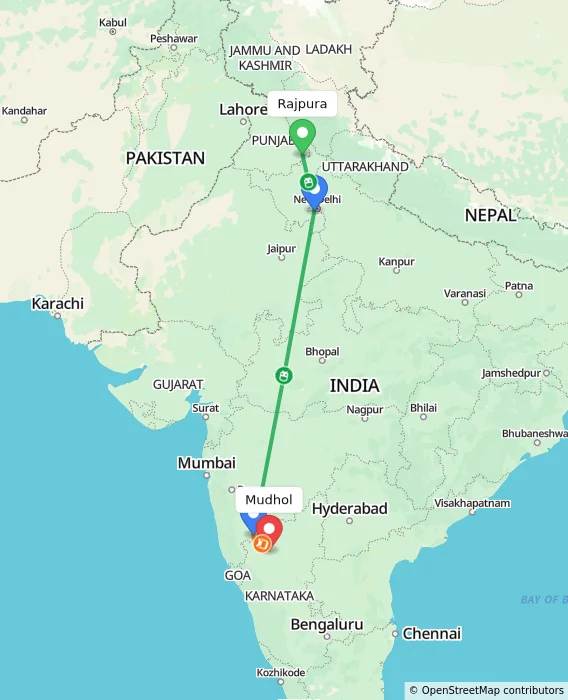 Route map showing distance and travel time from Rajpura, India to Mudhol, India