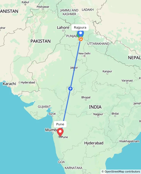 Route map showing distance and travel time from Rajpura, India to Pune, India
