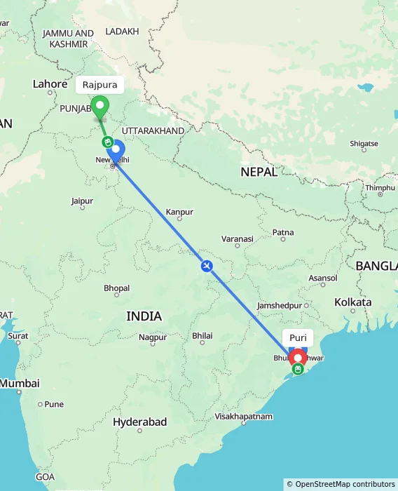 Route map showing distance and travel time from Rajpura, India to Puri, India