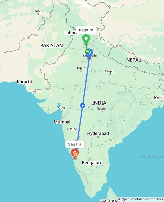 Route map showing distance and travel time from Rajpura, India to Sagara, India