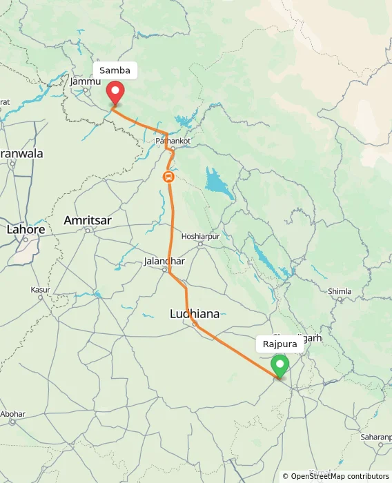 Route map showing distance and travel time from Rajpura, India to Samba, India