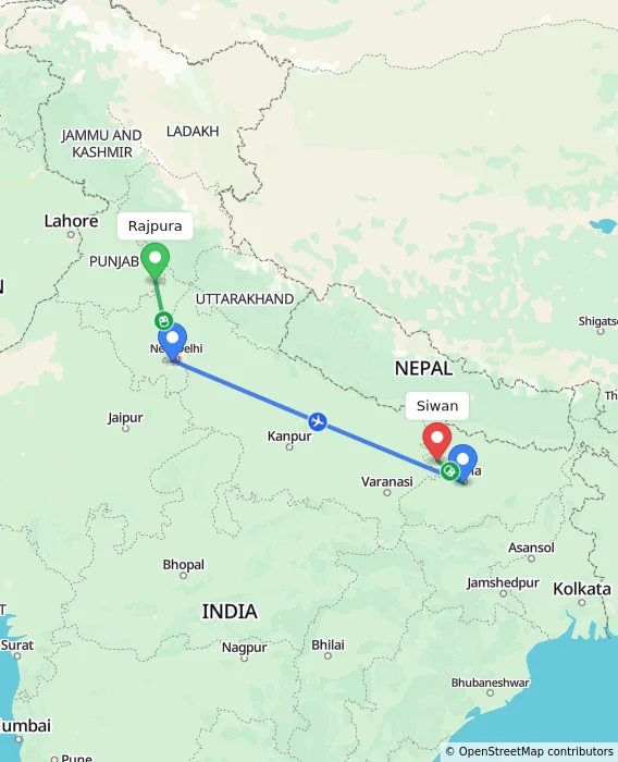 Route map showing distance and travel time from Rajpura, India to Siwan, India