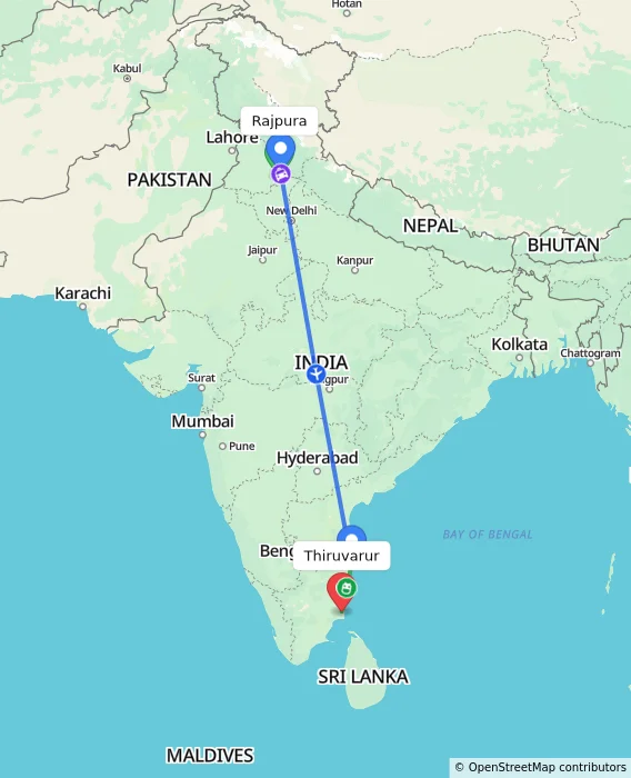 Route map showing distance and travel time from Rajpura, India to Thiruvarur, India