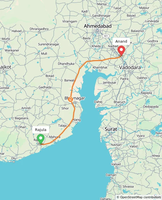 Route map showing distance and travel time from Rajula, India to Anand, India