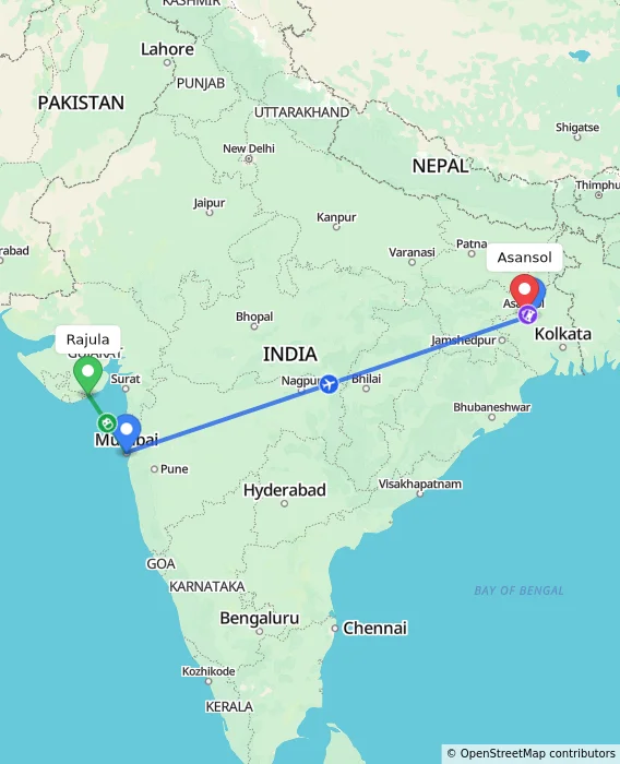 Route map showing distance and travel time from Rajula, India to Asansol, India