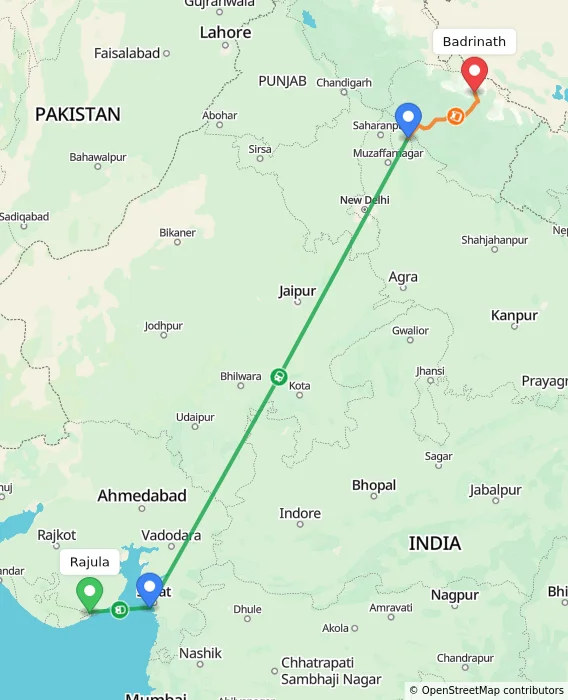 Route map showing distance and travel time from Rajula, India to Badrinath, India
