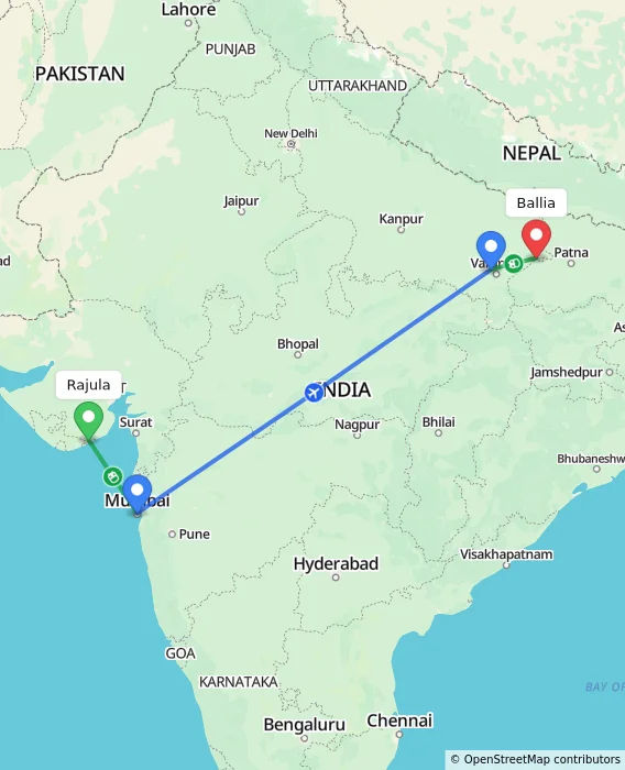 Route map showing distance and travel time from Rajula, India to Ballia, India