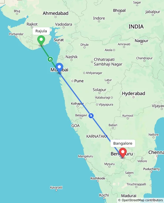 Route map showing distance and travel time from Rajula, India to Bangalore, India