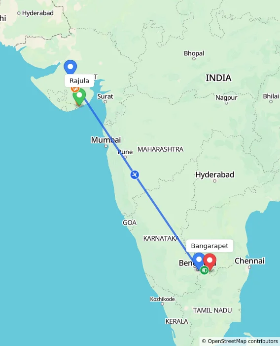 Route map showing distance and travel time from Rajula, India to Bangarapet, India