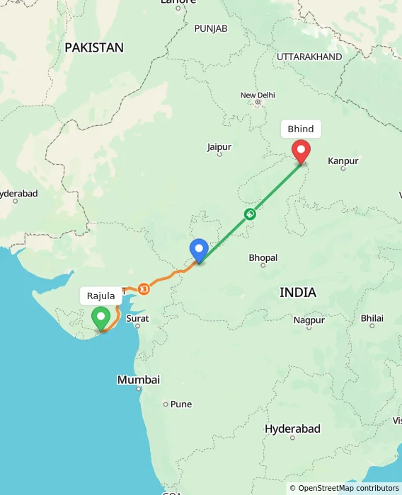 Route map showing distance and travel time from Rajula, India to Bhind, India
