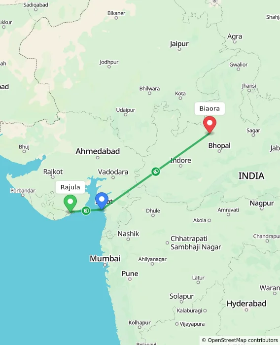 Route map showing distance and travel time from Rajula, India to Biaora, India