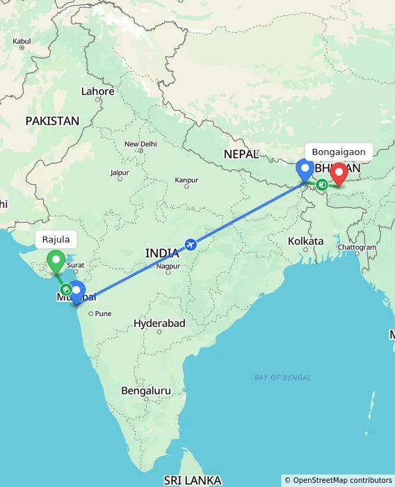 Route map showing distance and travel time from Rajula, India to Bongaigaon, India