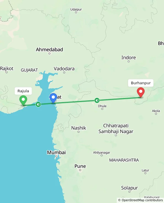 Route map showing distance and travel time from Rajula, India to Burhanpur, India