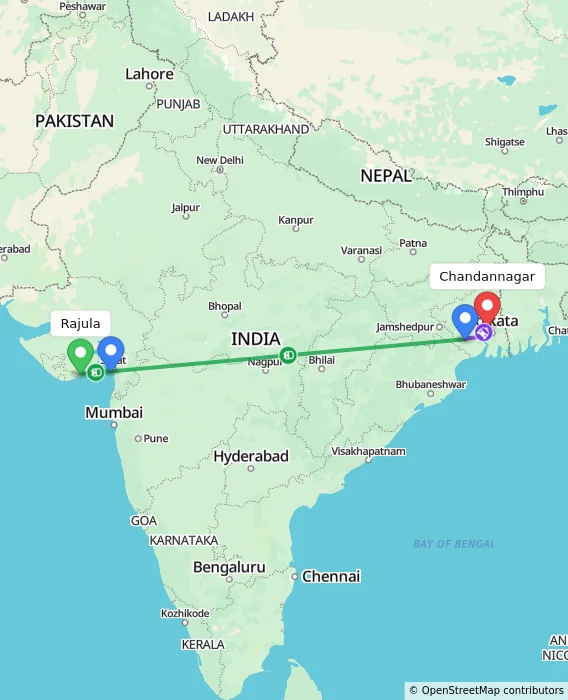 Route map showing distance and travel time from Rajula, India to Chandannagar, India