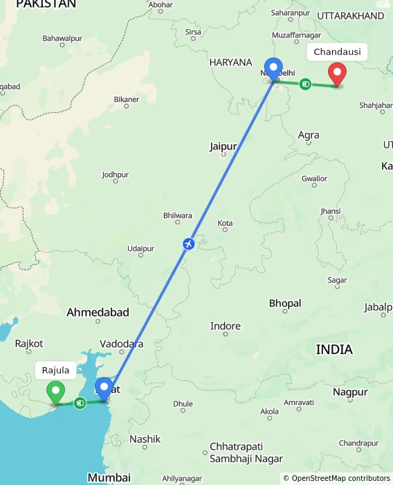 Route map showing distance and travel time from Rajula, India to Chandausi, India