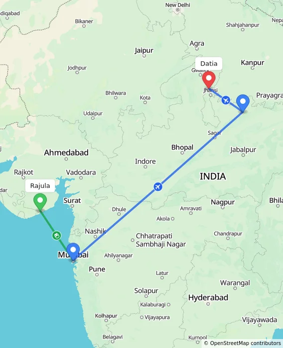 Route map showing distance and travel time from Rajula, India to Datia, India