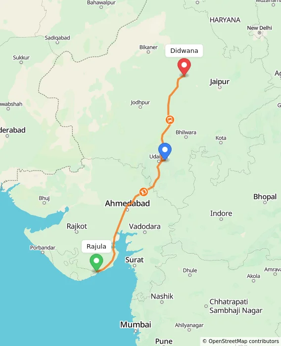 Route map showing distance and travel time from Rajula, India to Didwana, India